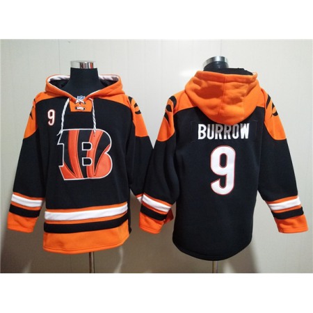 Men's Cincinnati Bengals #9 Joe Burrow Orange/Black Ageless Must-Have Lace-Up Pullover Hoodie