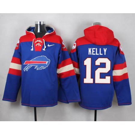 Nike Bills #12 Jim Kelly Royal Blue Player Pullover NFL Hoodie