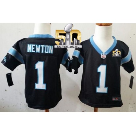 Toddler Nike Panthers #1 Cam Newton Black Team Color Super Bowl 50 Stitched NFL Elite Jersey