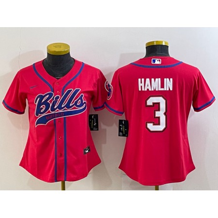 Women's Buffalo Bills #3 Damar Hamlin Red With Patch Cool Base Stitched Baseball Jersey(Run Small)