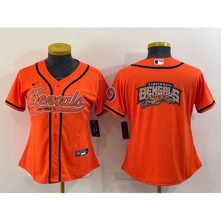 Women's Cincinnati Bengals Orange Team Big Logo With Patch Cool Base Stitched Baseball Jersey(Run Small)