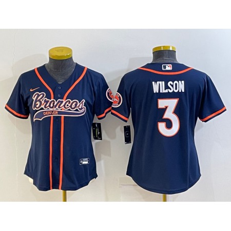 Women's Denver Broncos #3 Russell Wilson Navy With Patch Cool Base Stitched Baseball Jersey(Run Small)