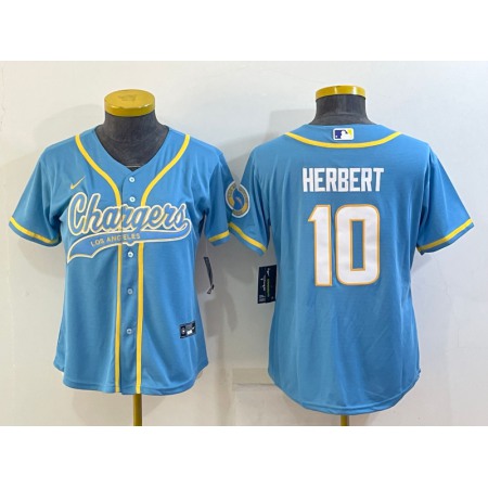 Women's Los Angeles Chargers #10 Justin Herbert Blue With Patch Cool Base Stitched Baseball Jersey(Run Small)