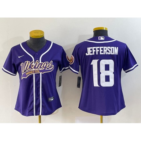 Women's Minnesota Vikings #18 Justin Jefferson Purple With Patch Cool Base Stitched Baseball Jersey(Run Small)