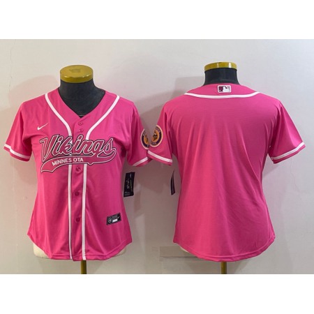 Women's Minnesota Vikings Blank Pink With Patch Cool Base Stitched Baseball Jersey(Run Small)