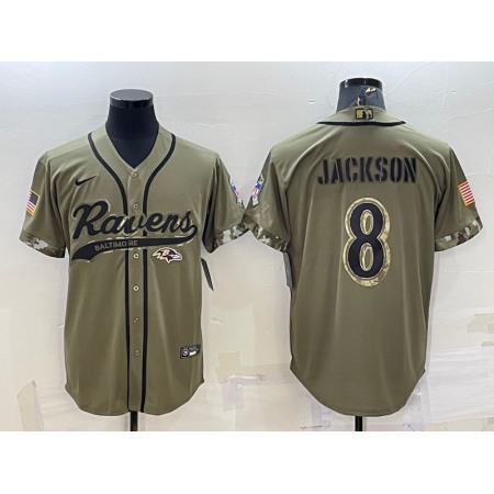 Men's Baltimore Ravens #8 Lamar Jackson Olive 2022 Salute to Service Cool Base Stitched Baseball Jersey