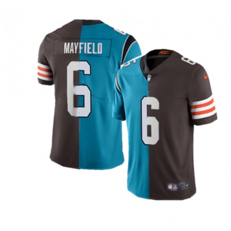 Men's Carolina Panthers & Cleveland Browns #6 Baker Mayfield Splite Blue&Brown Vapor Untouchable Limited Stitched Jersey