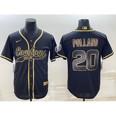 Men's Dallas Cowboys #20 Tony Pollard Black Gold With Patch Cool Base Stitched Baseball Jersey