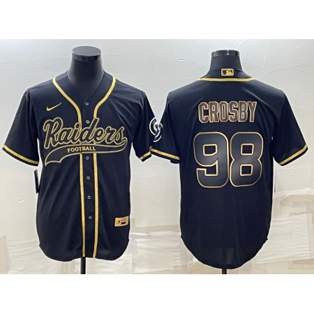 Men's Las Vegas Raiders #98 Maxx Crosby Black Gold With Patch Cool Base Stitched Baseball Jersey