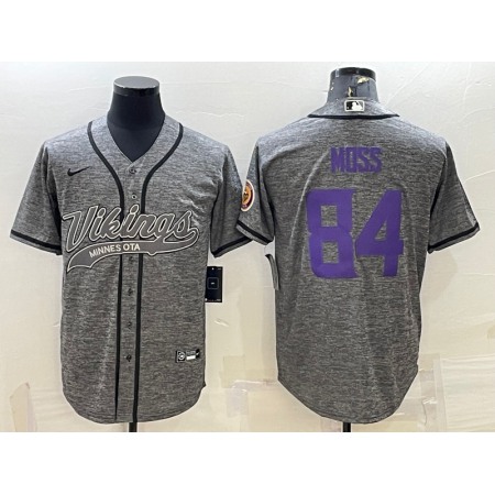 Men's Minnesota Vikings #84 Randy Moss Grey With Patch Cool Base Stitched Baseball Jersey