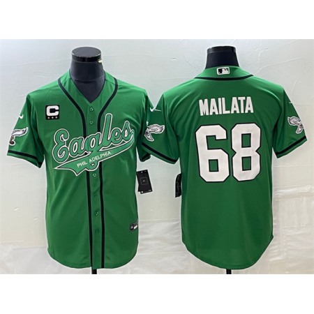 Men's Philadelphia Eagles #68 Jordan Mailata Green With 3-star C Patch Cool Base Stitched Baseball Jersey