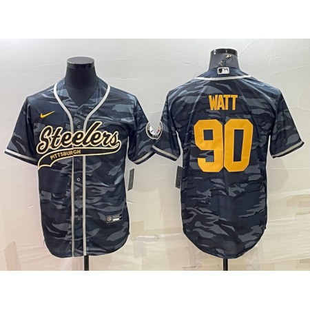 Men's Pittsburgh Steelers #90 T. J. Watt Grey/Navy Camo With Patch Cool Base Stitched Baseball Jersey