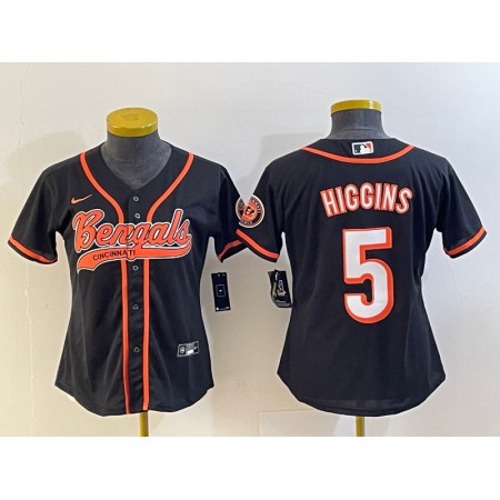 Youth Cincinnati Bengals #5 Tee Higgins Black With Patch Cool Base Stitched Baseball Jersey