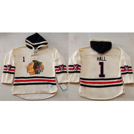 Blackhawks #1 Glenn Hall Cream Heavyweight Pullover Hoodie Stitched NHL Jersey