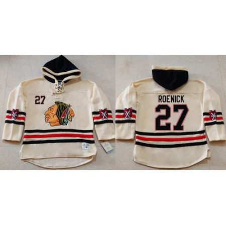 Blackhawks #27 Jeremy Roenick Cream Heavyweight Pullover Hoodie Stitched NHL Jersey