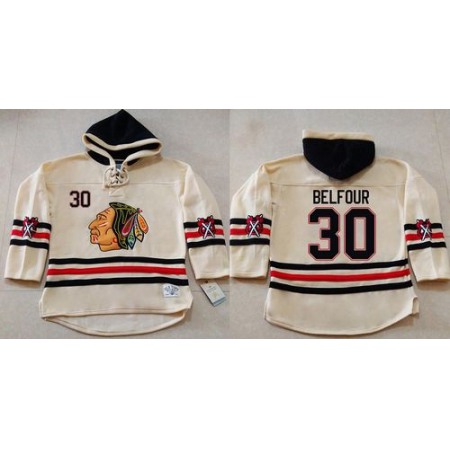 Blackhawks #30 ED Belfour Cream Heavyweight Pullover Hoodie Stitched NHL Jersey