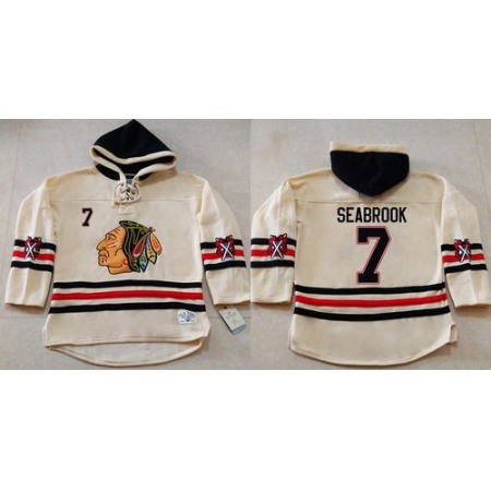 Blackhawks #7 Brent Seabrook Cream Heavyweight Pullover Hoodie Stitched NHL Jersey