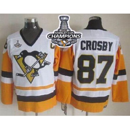 Penguins #87 Sidney Crosby White/Black CCM Throwback 2016 Stanley Cup Champions Stitched NHL Jersey