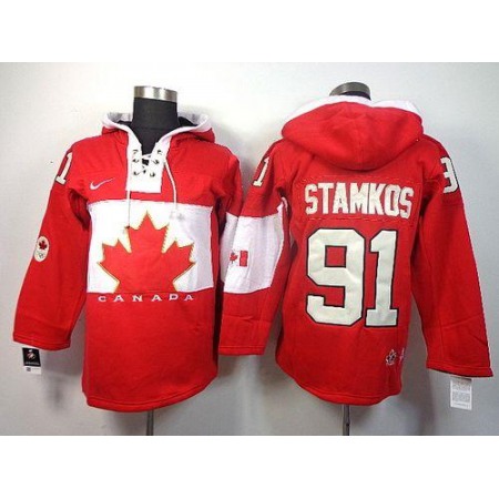 Olympic CA. #91 Steven Stamkos Red Sawyer Hooded Sweatshirt Stitched NHL Jersey